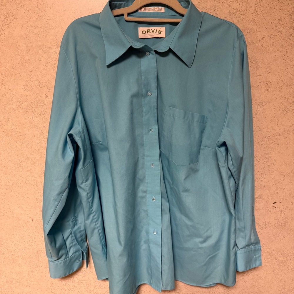 Orvis 20W Button Down Women Wrinkle Free Casual‎ Cotton Blend Light Teal Blouse